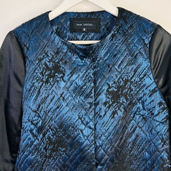 Pink Tartan Metallic Blue Collarless Jacquard Swing Coat - Picture 5 of 8